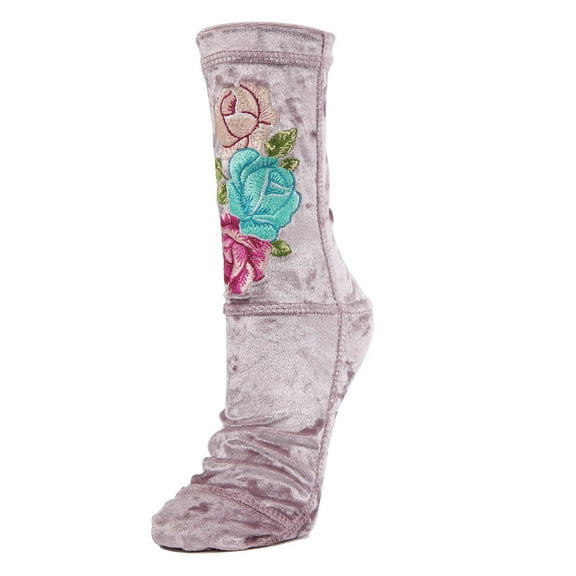 MeMoi Floral Embroidered Crushed Velvet Crew Socks - Womens - Female