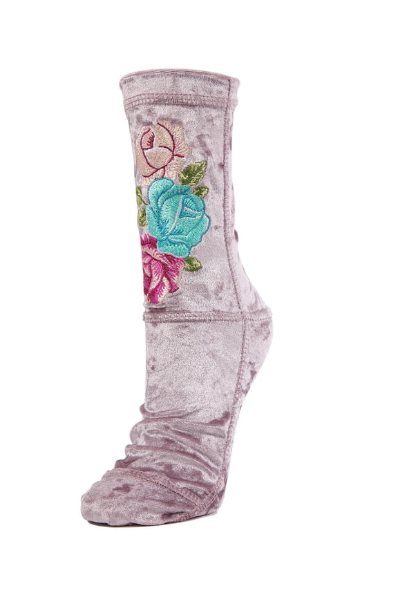 Floral Embroidered Crushed Velvet Crew Socks - Womens - Female