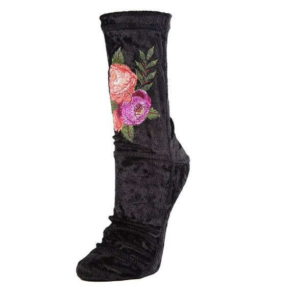 MeMoi Floral Embroidered Crushed Velvet Socks - Womens - Female (Small/Medium, Black)