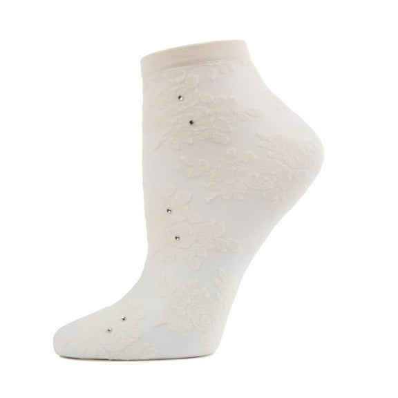 MeMoi Floral Rhinestone Shortie Sheer See-Through Socks - Womens - Female, One Size, Winter White
