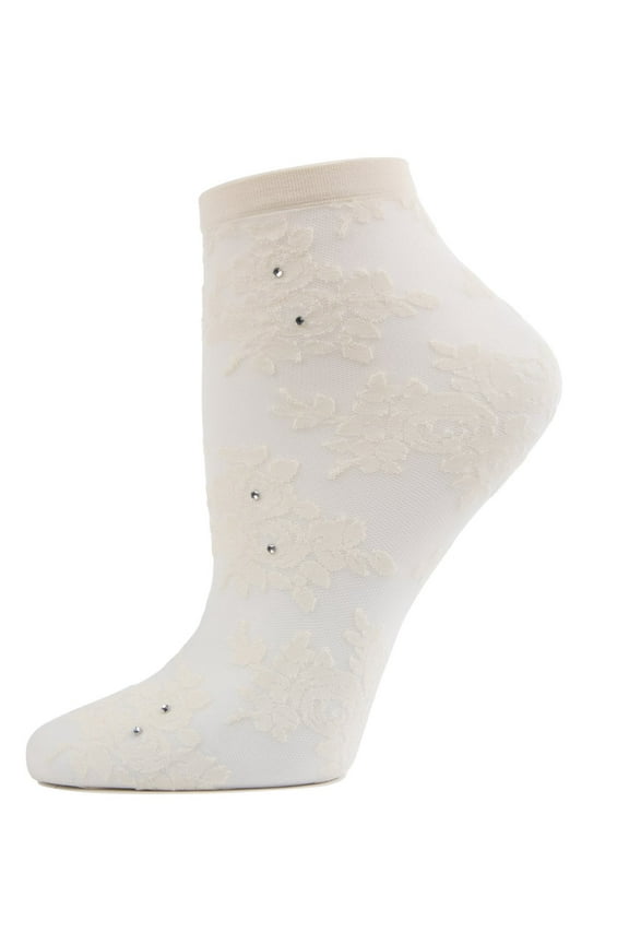 Floral Rhinestone Shortie Sheer See-Through Socks - Womens - Female, One Size, Winter White