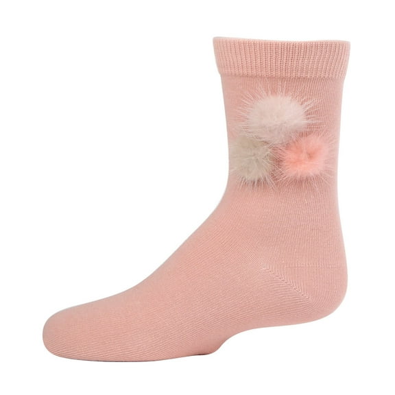 MeMoi Fluffy Trio Pom-Pom Cotton Blend Crew Socks - Girls - Female, 4, Pale Blush