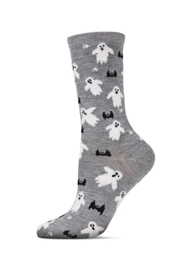 Flying Ghost & Fangtastic Bat Crew Socks - Womens - Female, 9-11, Medium Gray Heather