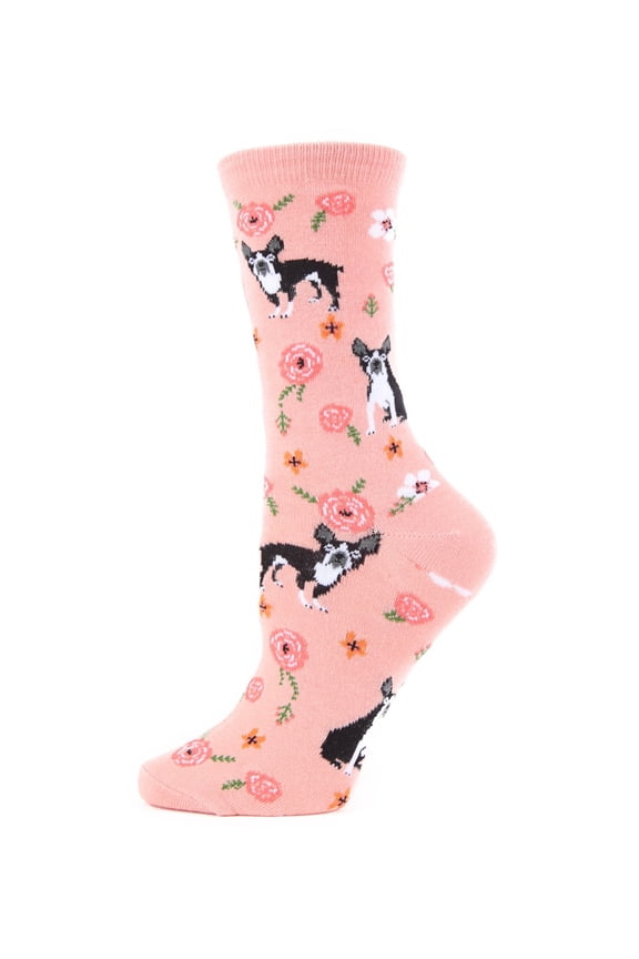 French Bulldog and Roses Bamboo Blend Crew Novelty Socks - Womens - Female, 9-11, Blue Grotto