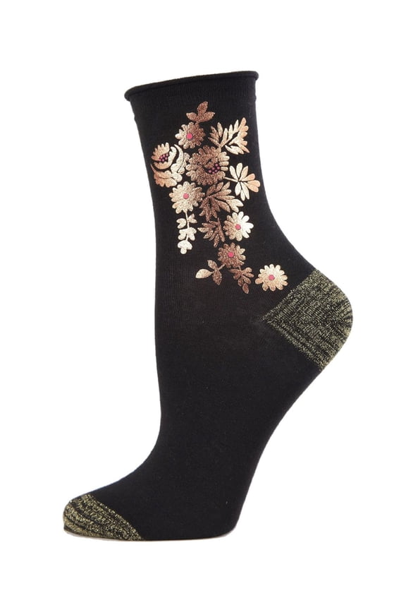 Gilded Roses Metallic Floral Cotton Blend Crew Socks - Womens - Female, One Size, Black