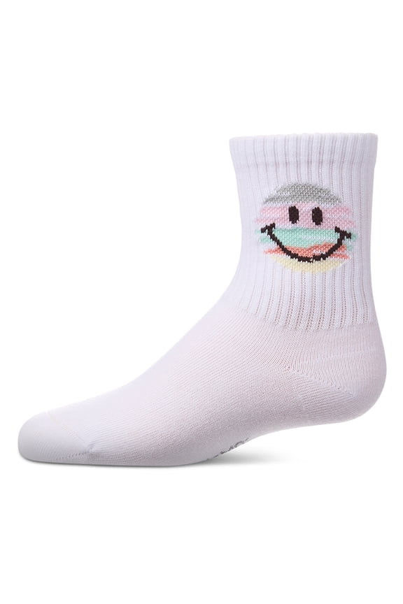Girls "Colorful Smiley Face" Pointelle Ribbed Cotton-Rich Novelty Crew Sock - Girls - Female, 10, Winter White