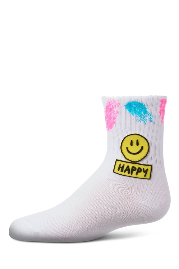 Girls "Happy Face" Cotton Blend Crew Sock with Splatter Paint Graphics - Girls - Female, 6, Neon Blue