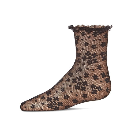 MeMoi Girls Lace-Trim Lettuce-Edge Floral Net Ankle Sock - Girls - Female, 0, Black