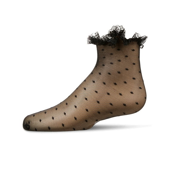 MeMoi Girls Mesh Dot Pattern Lace Trim Ankle Sock - Girls - Female, 4, Black