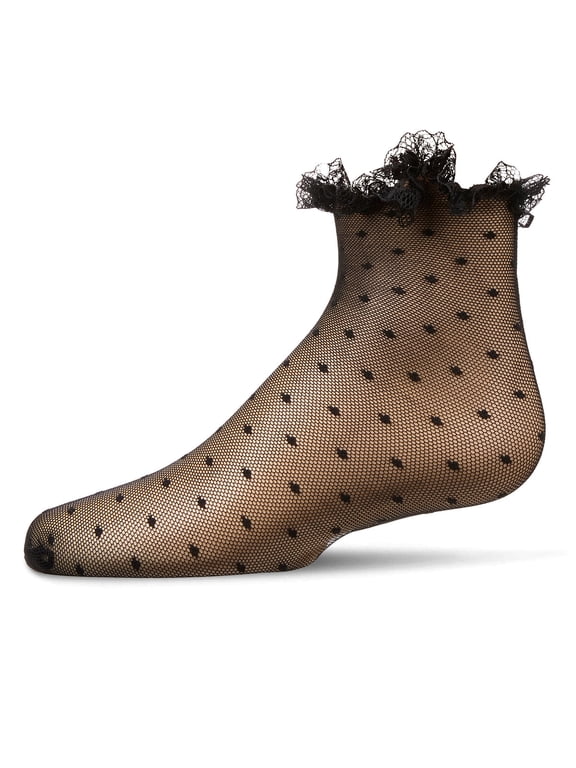 Girls Mesh Dot Pattern Lace Trim Ankle Sock - Girls - Female, 2, Winter White