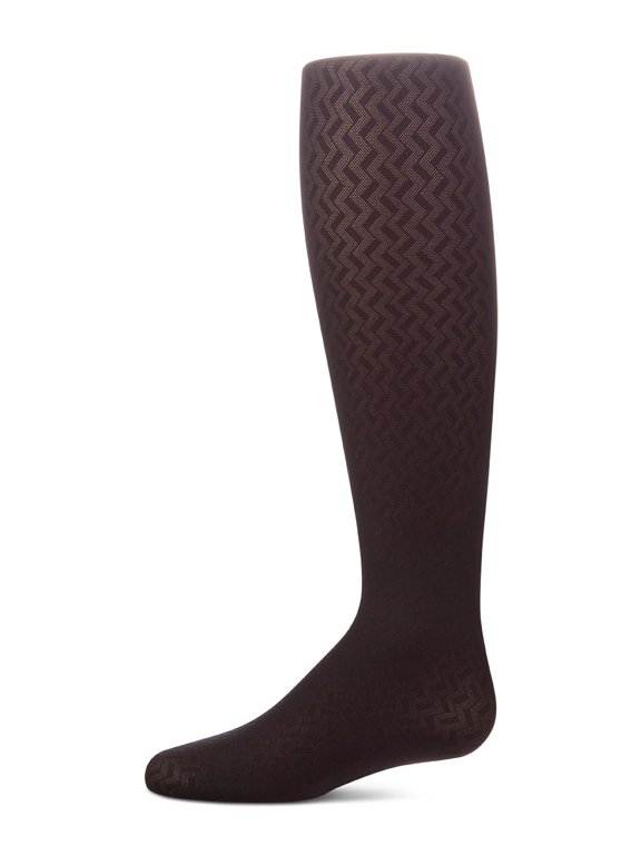 Girls Opaque Pointelle Zig Zag-Patterned Fashion Tights - Girls - Female, 12-14, White