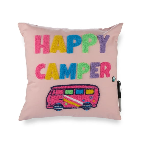 MeMoi Girls Plush-Embroidered "Happy Camper" Autograph Pillow with Marker, One Size, Peachy Pink