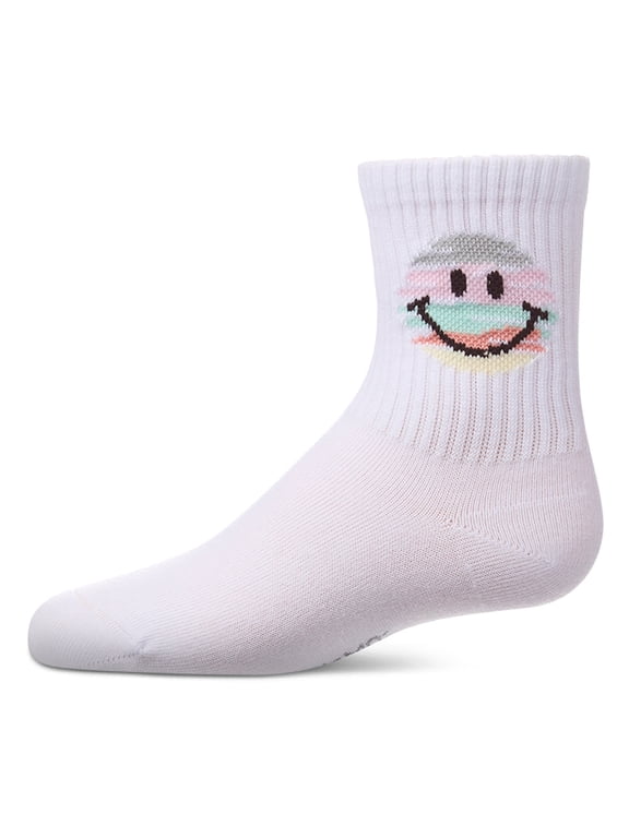 Girls "Colorful Smiley Face" Pointelle Ribbed Cotton-Rich Novelty Crew Sock - Girls - Female, 4, White