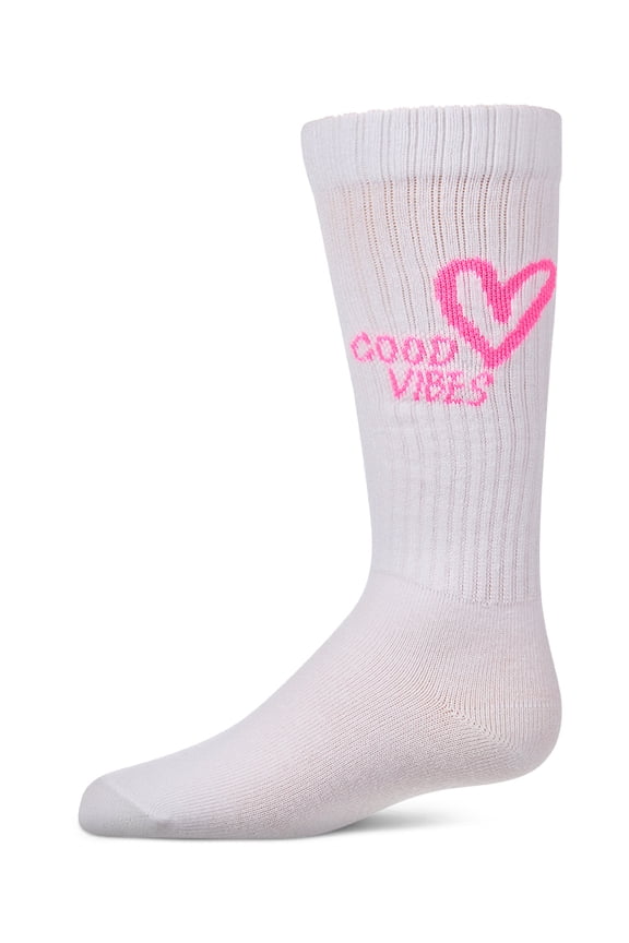 Girls "Good Vibes Heart" Ribbed Cotton Blend Knee High Sock - Girls - Female, 2, Neon Pink