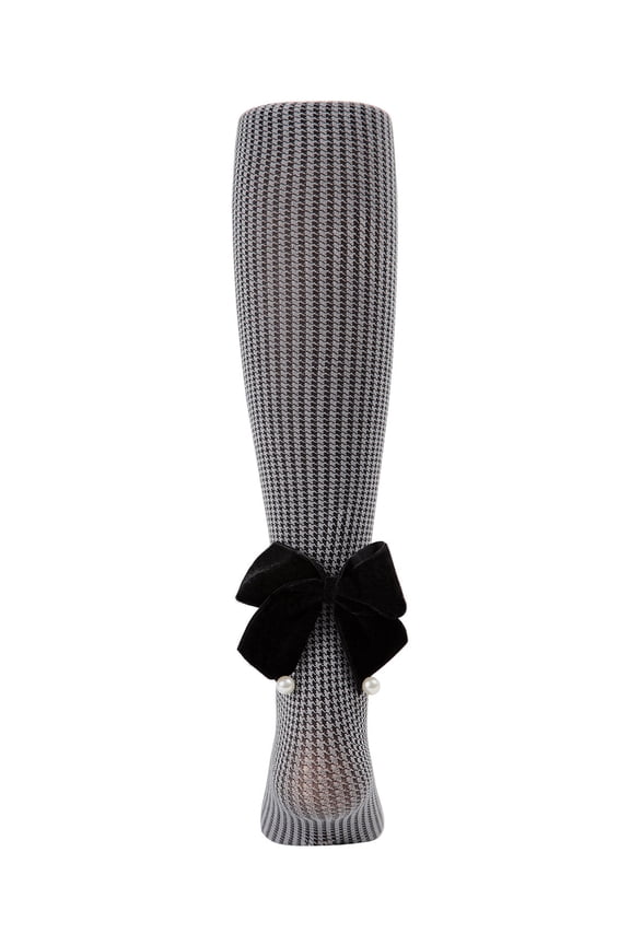 Herringbone Bow Back Tights - Girls - Female, 10-12, Black