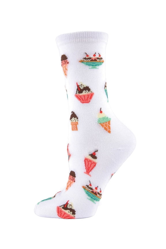 Ice Cream Sundae Bamboo Blend Crew Novelty Socks - Womens - Female, One Size, White