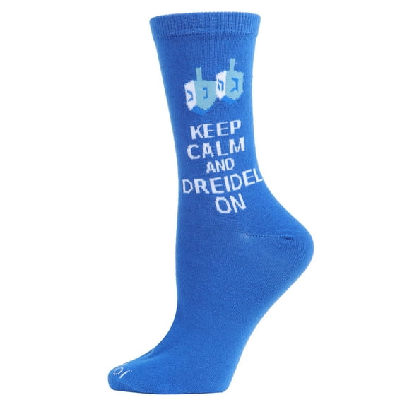 MeMoi Keep Calm & Dreidel On Holiday Crew Socks - Womens - Female, 9-11, Blue