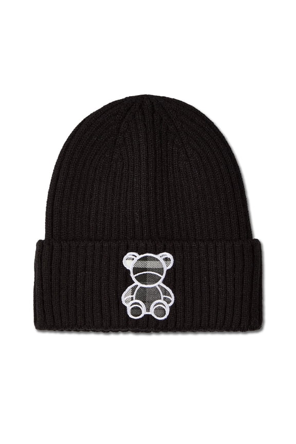 Kids "Plaid Bear" Ribbed Rayon-Blend Embroidered Beanie, S, Mauvelous