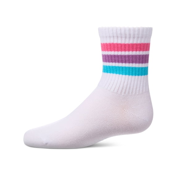 MeMoi Kids Ribbed Cotton-Rich Triple-Stripe Varsity Crew Sock - Girls - Female, 4, White- Pastel