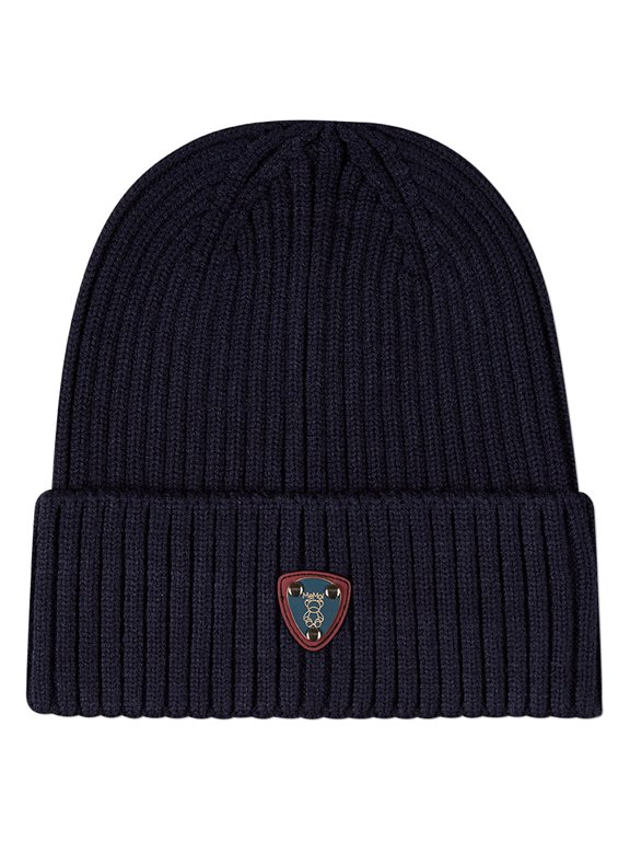 Kids Teddy Bear Crest Rayon-Blend Chunky-Ribbed Cuffed Beanie, L, Navy