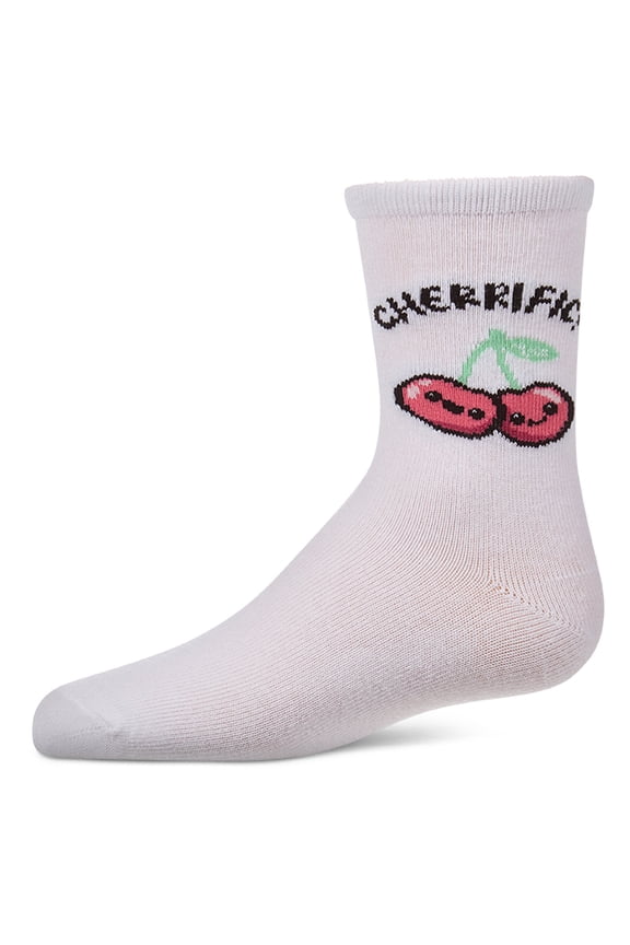 Kids Unisex "Cherrific" Cotton-Rich Mini-Ribbed Novelty Crew Sock - Girls - Female, 8, White