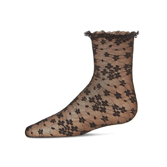 MeMoi Girls Lace-Trim Lettuce-Edge Floral Net Ankle Sock - Girls - Female, 0, Black
