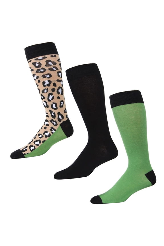 Leopard Pane Cotton Blend Crew Sock 3 Pack - Mens - Male, 10-13, Black-Green