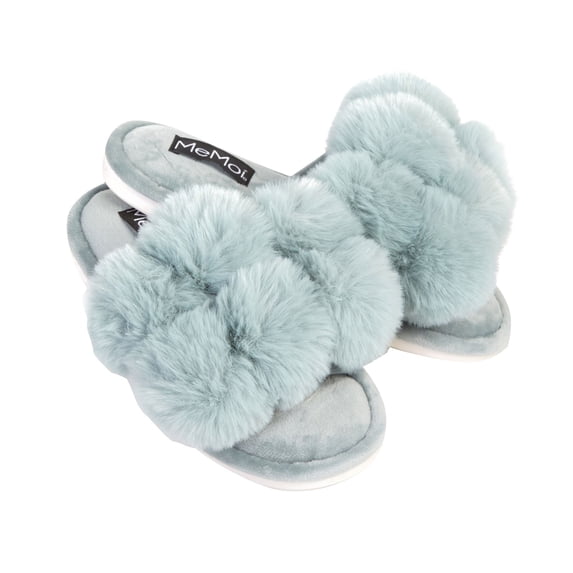 Women's MeMoi MZP05446 Luxe Pom-Pom Open Toe Plush Slippers (Sea Blue S)