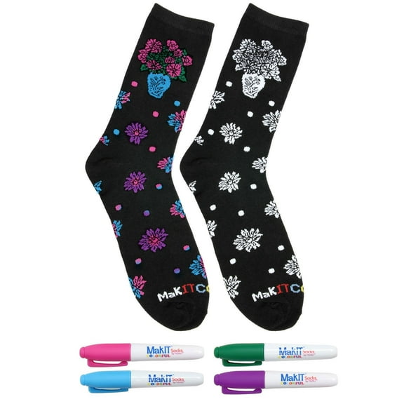 MeMoi MakIT Color Your Own Floral Crew Sock Marker Kit, One Size, Cat