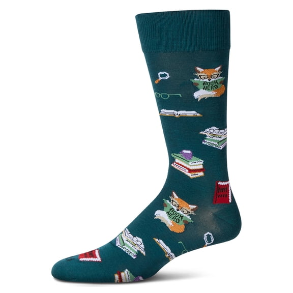 MeMoi Men's "Book Nerd" Rayon Blend Novelty Crew Sock - Mens - Male, 10-13, Dark Spruce
