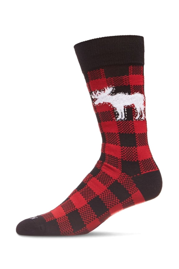 Men's Buffalo Plaid Checked Moose Holiday Crew Socks - Mens - Male, 10-13, Black-Red