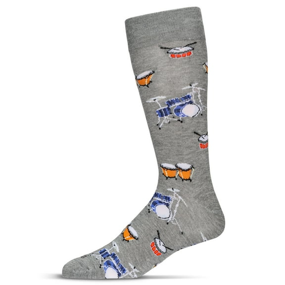MeMoi Men's Embroidered Drums Bamboo Crew Socks - Mens - Male, 10-13, Med Gray Heather