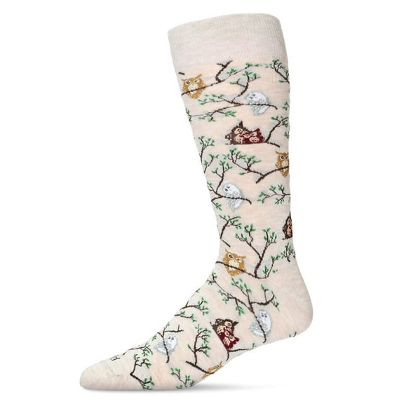 MeMoi Men's Embroidered Owls Bamboo Crew Socks - Mens - Male, 10-13, Oatmeal Heather