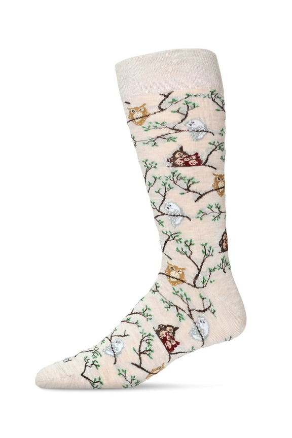 Men's Embroidered Owls Bamboo Crew Socks - Mens - Male, 10-13, Oatmeal Heather