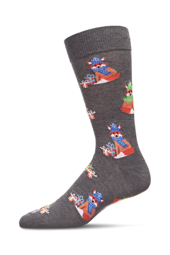 Men's Festive Foxes with Boxes Holiday Novelty Crew Socks - Mens - Male, 10-13, Dark Gray Heather