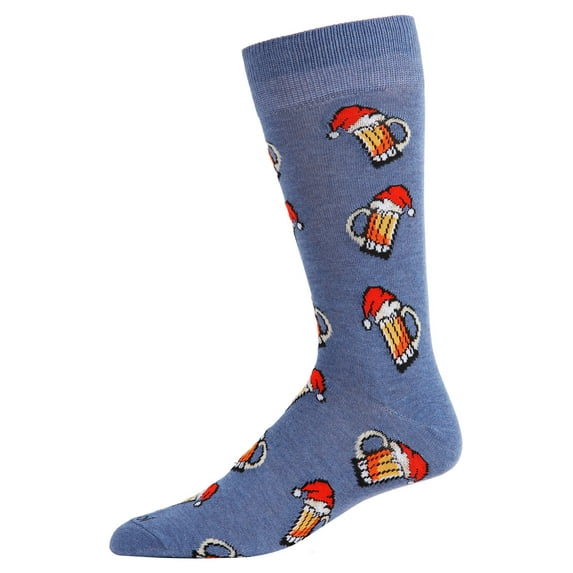 MeMoi Men's Festive Santa Hat Beer Mug Novelty Crew Socks - Mens - Male, 10-13, Denim Heather