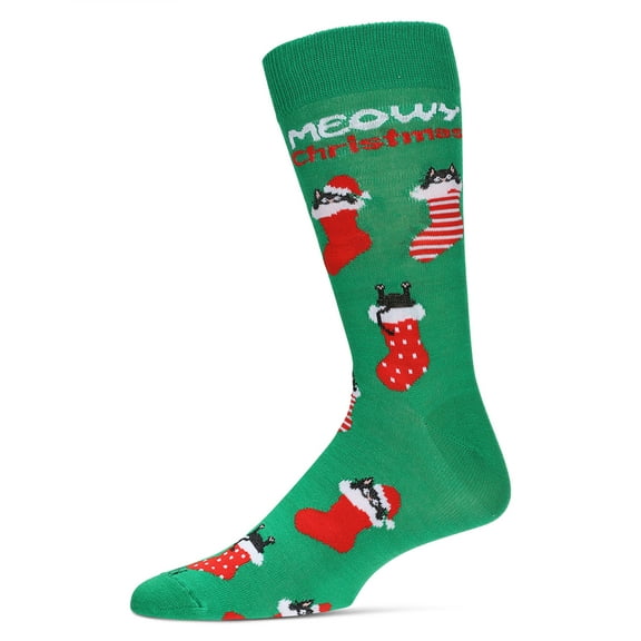 MeMoi Men's Meowy Christmas Holiday Crew Socks - Mens - Male, 10-13, Green