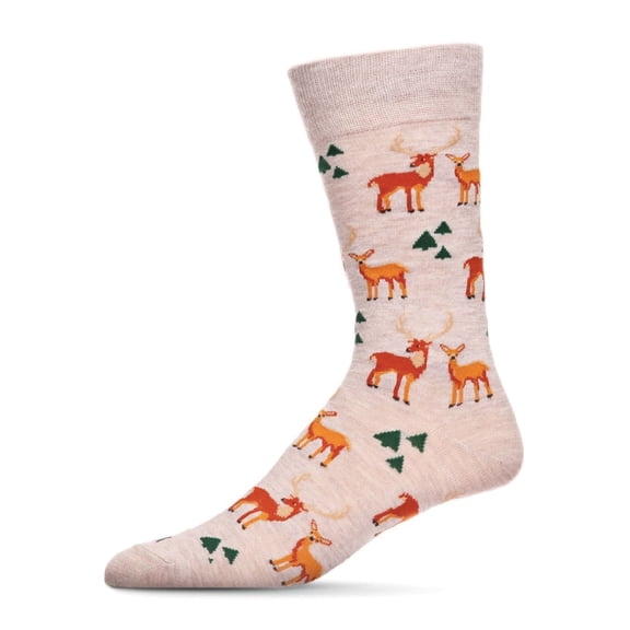 MeMoi Men's Oh Deer Bamboo Blend Novelty Crew Sock - Mens - Male, 10-13, Oatmeal Heather