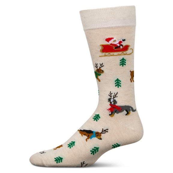 MeMoi Men's Reindeer Pups Holiday Crew Socks - Mens - Male, 10-13, Ivory Heather