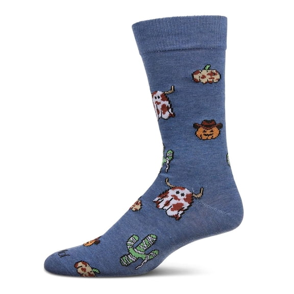 MeMoi Men's Spooky Western-Themed Halloween Holiday Crew Sock - Mens - Male, 10-13, Denim Heather