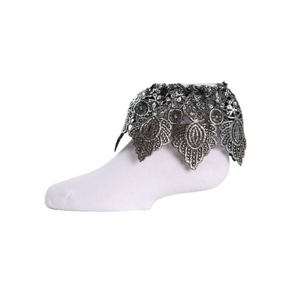 MeMoi Metallic Leaf Cotton Blend Anklet Socks - Girls - Female, 8, White Silver