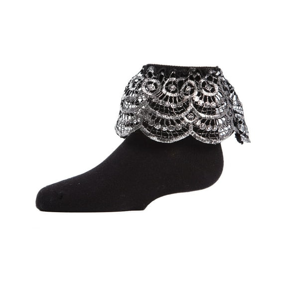 MeMoi Metallic Scalloped Cotton Blend Anklet Socks - Girls - Female, 8, Black Silver