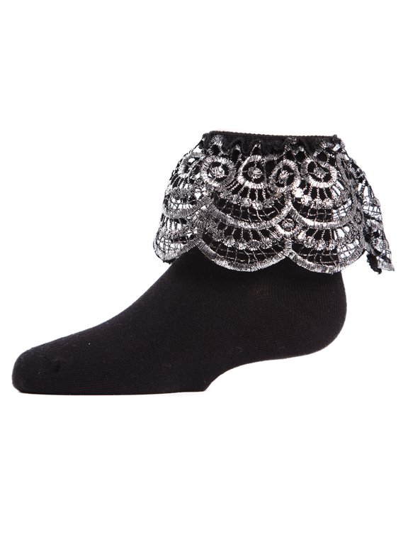 Metallic Scalloped Cotton Blend Anklet Socks - Girls - Female, 6, White Silver