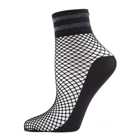 MeMoi Metallic Stripe Fishnet Ankle Sock - Womens - Female, One Size, Black