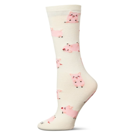 MeMoi Women's "Miss You Pig Time" Piggy-Themed Novelty Crew Sock - Womens - Female, One Size, Ivory