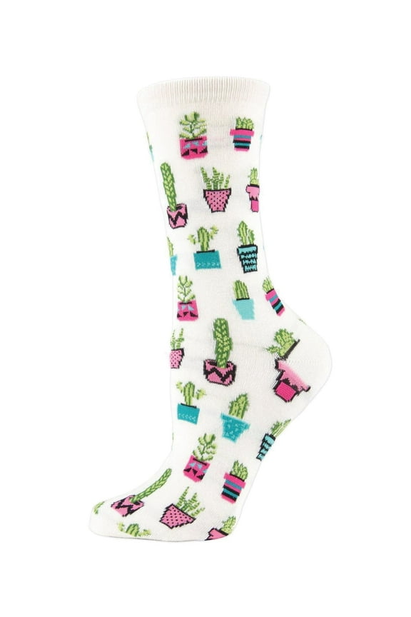 Potted Cacti Bamboo Blend Crew Socks - Womens - Female, One Size, Ivory