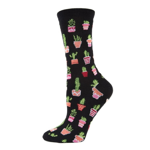 MeMoi Potted Cacti Bamboo Blend Crew Socks - Womens - Female, One Size, Black