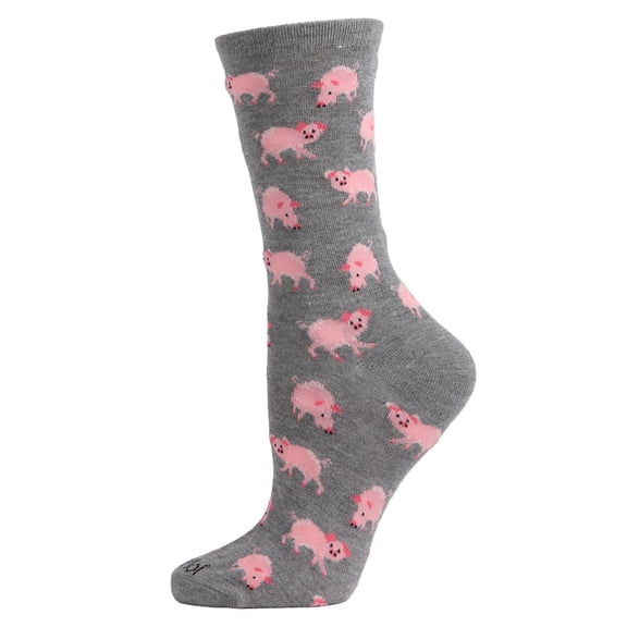 MeMoi Pretty Pigs Bamboo Blend Crew Socks - Womens - Female, One Size, Medium Gray Heather