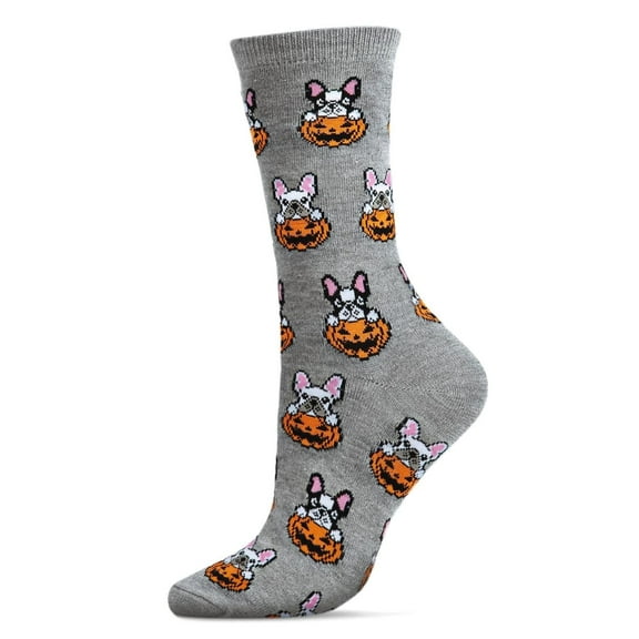 MeMoi Pumpkin Puppy Holiday Crew Socks - Womens - Female, 9-11, Medium Gray Heather