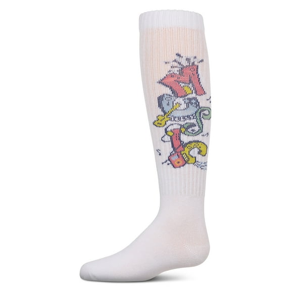 MeMoi Ribbed Cotton Blend "Graffiti Music" Knee Sock - Girls - Female, 10, White